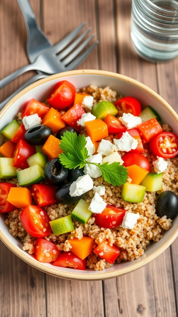 A colorful Mediterranean quinoa bowl with tomatoes, cucumbers, bell peppers, feta cheese, and olives on a wooden table.